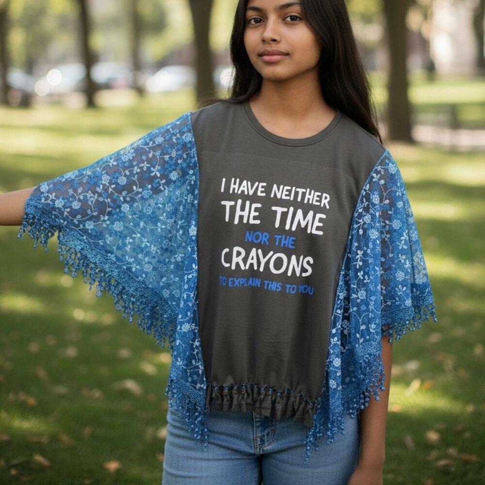 Upcycled Gray Blue Funny Graphic T Shirt Poncho Handknotted Beaded Fringe Veneti